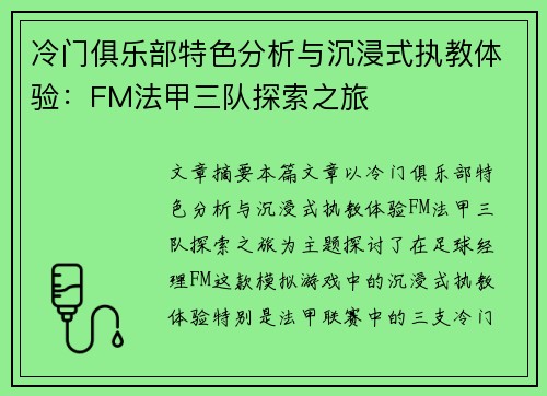 冷门俱乐部特色分析与沉浸式执教体验：FM法甲三队探索之旅