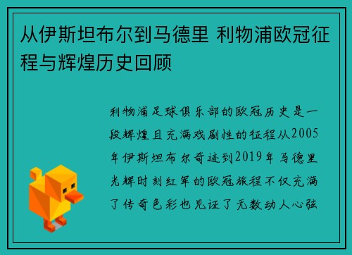 从伊斯坦布尔到马德里 利物浦欧冠征程与辉煌历史回顾