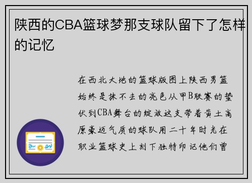 陕西的CBA篮球梦那支球队留下了怎样的记忆
